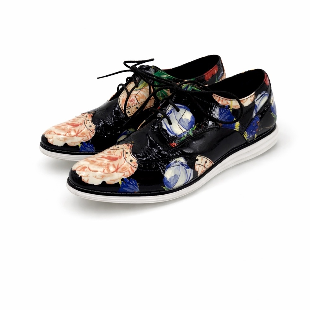 Cole Haan Grand.OS Wingtip Oxford Floral Patent Leather Lace-Up Brogue Shoes - Picture 2 of 16